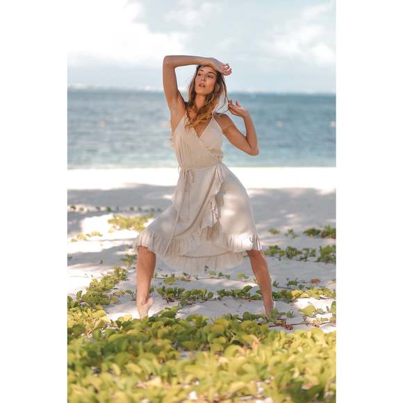 Resort Midi Wrap Dress by T. ZOVICH Linen Sleeveless Beige Raw Hem Ecofriendly - Picture 10 of 16
